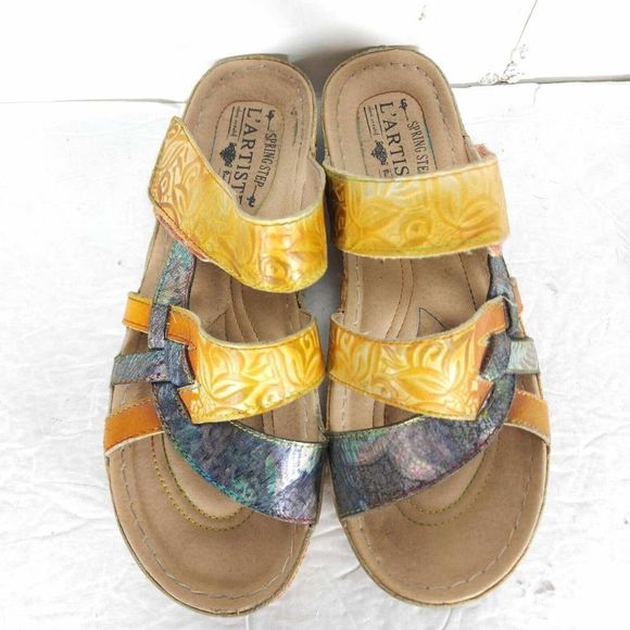 Spring Step Women's Ciro 39 US8-8,5 Leather Yellow Floral strappy Wedge sandals - Picture 4 of 13